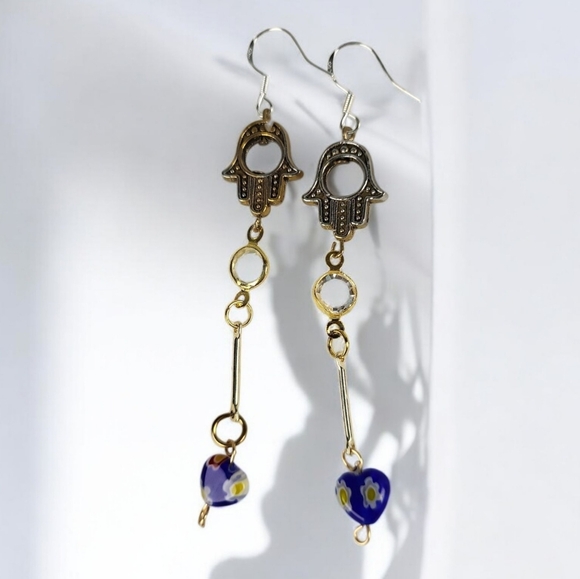 14k Gold Plated Blue Millefiori Lampwork Glass Heart Hamsa Hand Dangle Earrings - Picture 1 of 2
